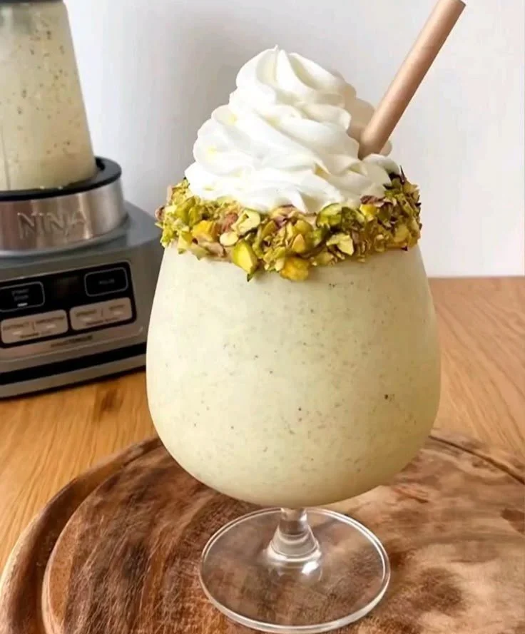 White Chocolate Pistachio Shake in a glass with whipped cream and pistachio topping